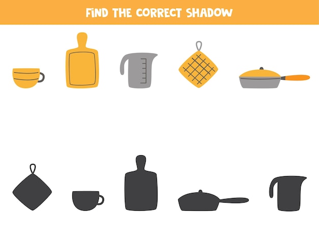 Trova l'ombra degli utensili da cucina disegnati a mano. gioco logico educativo per bambini.
