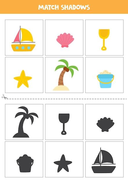 Find shadows of cartoon summer elements. Cards for kids.