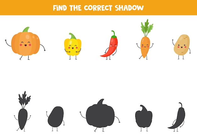 Find shadows of cute kawaii vegetables and fruits Educational logical game for kids