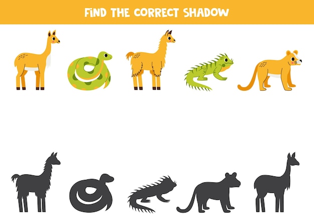 Find shadows of cute South American animals Educational logical game for kids Printable worksheet for preschoolers