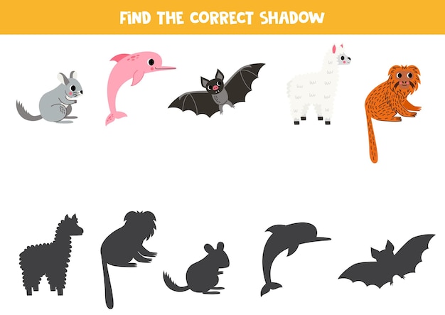 Vector find shadows of cute south american animals educational logical game for kids printable worksheet for preschoolers