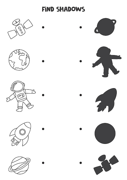 Найдите тени милых космических картинок. черно-белый лист. развивающая логическая игра для детей.