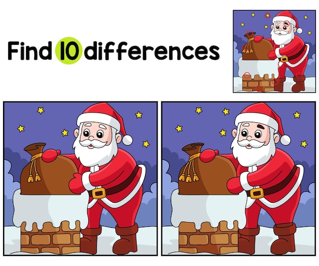 이 크리스마스 산타 On a Chimney Kids 활동 페이지에서 차이점을 찾거나 발견하십시오. 어린이들을 위한 재미있고 교육적인 퍼즐 매칭 게임입니다.