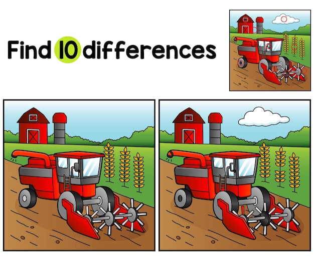 Vector find or spot the differences on this combined harvester vehicle kids activity page. a funny and educational puzzle-matching game for children.