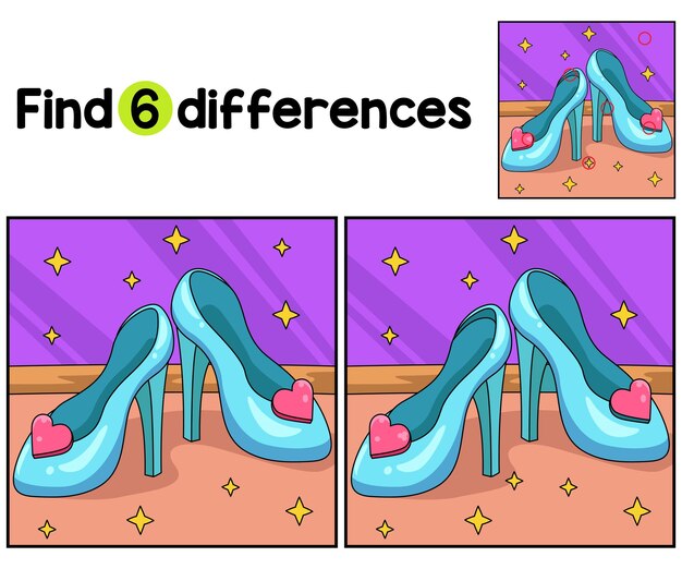 Find or spot the differences on this princess shoes with heels kids activity page it is a funny and educational puzzlematching game for children