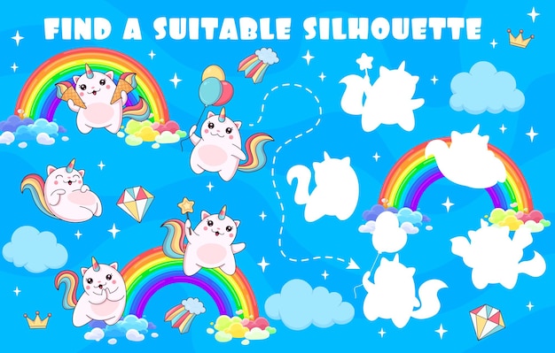 Find a suitable silhouette of magic cute caticorn cat and kitten characters game quiz vector worksheet Matching puzzle game of cartoon rainbows and clouds on sky background with funny unicorn cats