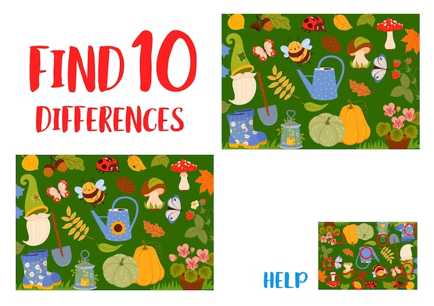 Find ten differences between autumn leaves animals plants and gnome garden tools Objects comparing riddle difference search quiz vector worksheet with pumpkin flowerpot mushroom and ladybug