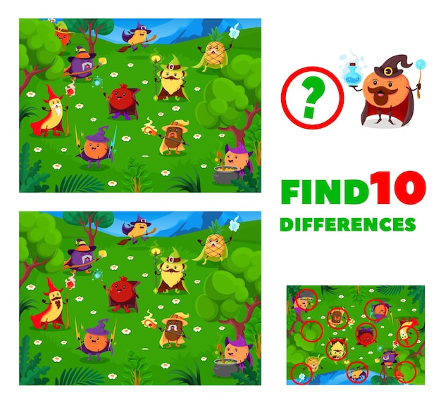 Vector find ten differences between fruit wizards