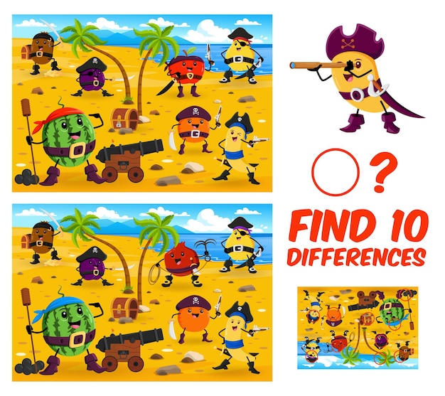 Find ten differences game, cartoon fruit pirates