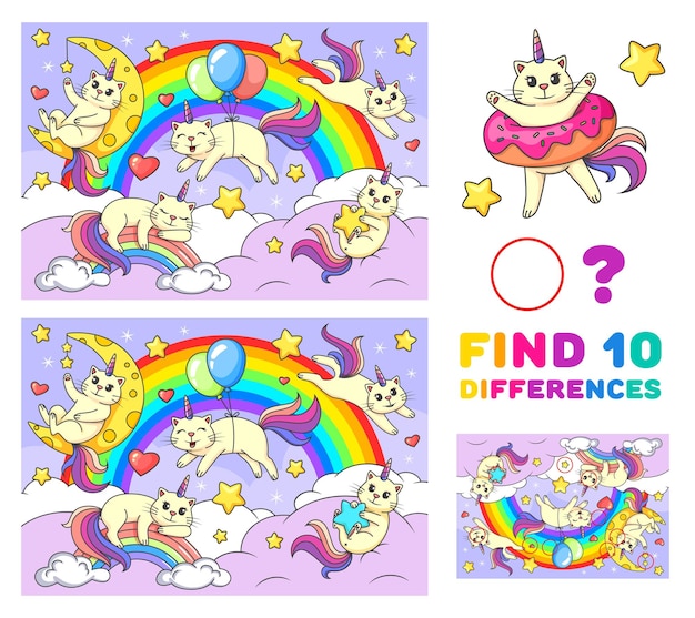 Find ten differences game Cartoon funny caticorns