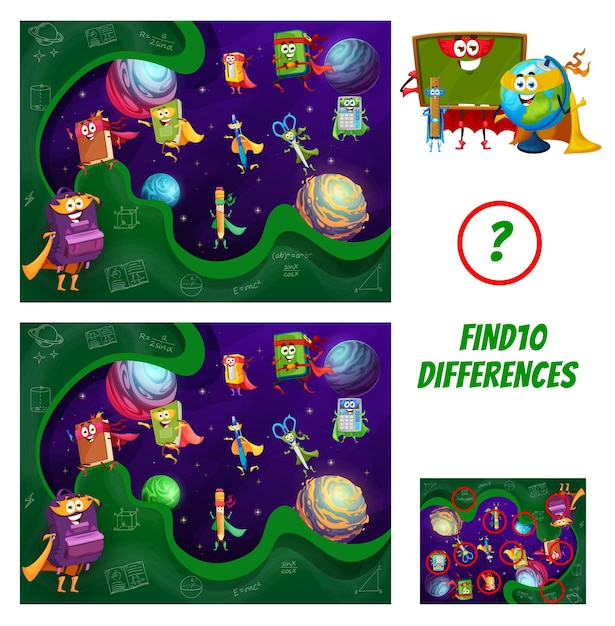 Vector find ten differences game with school superhero