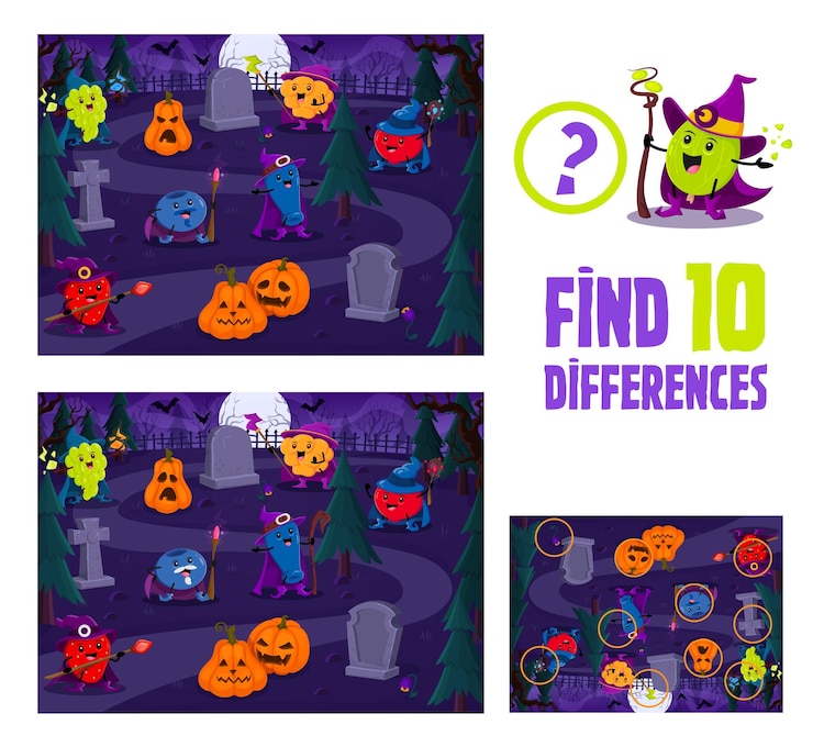 Vector find ten differences, halloween berry wizards