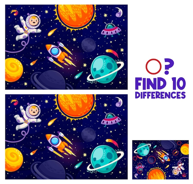 Trova dieci differenze nel paesaggio del sistema solare con il gioco a quiz per bambini astronauta cartone animato alieno e vettore razzo pianeti dello spazio esterno e astronave ufo galassia sul foglio di lavoro per abbinare e trovare le differenze