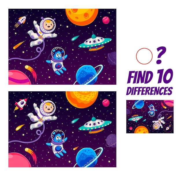 Vector find ten differences on space landscape astronaut and alien in outer space kids game vector worksheet matching puzzle quiz of cartoon space planets rocket spaceship ufo spacemen and stars