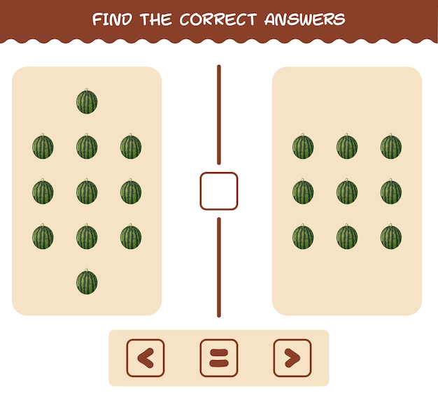 Найдите правильные ответы мультяшный арбуз. игра на поиск и подсчет. развивающая игра для дошкольников и малышей