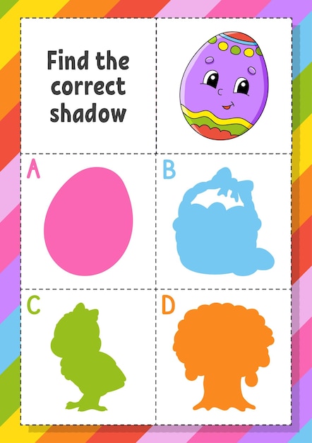 Найдите правильную тень пасхальной темы образовательный развивающий лист для детей игра-головоломка