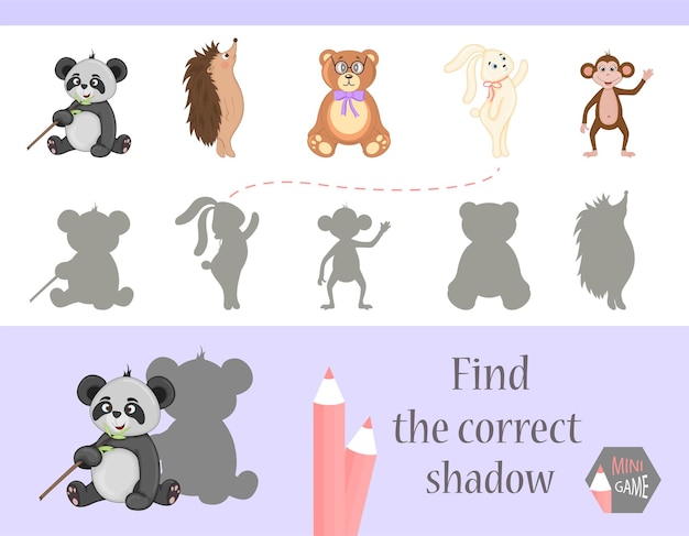 Найдите правильную игру теней для детей милые мультяшные животные и природа векторная иллюстрация