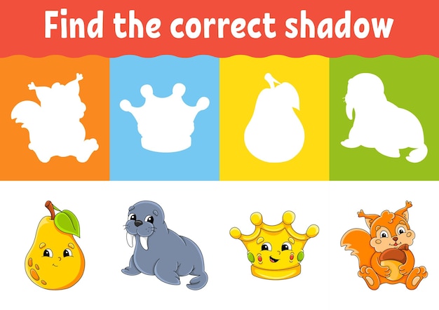 올바른 그림자 찾기 교육 워크시트 아이들을 위한 일치하는 게임 색상 활동 페이지 어린이 만화 캐릭터 벡터 그림을 위한 퍼즐