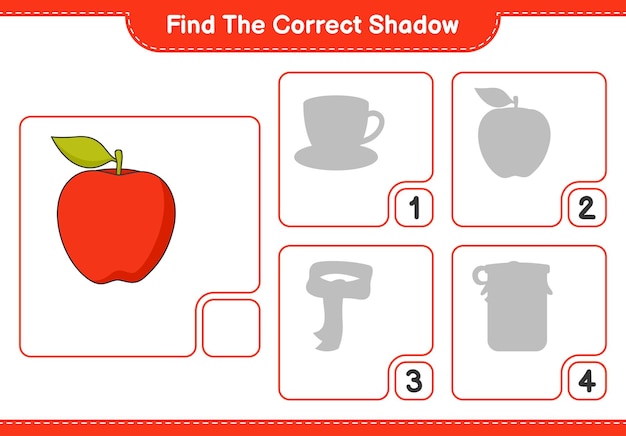 正しい影を見つけてください。 appleの正しい影を見つけて一致させます。教育的な子供たちのゲーム、印刷可能なワークシート、ベクトルイラスト