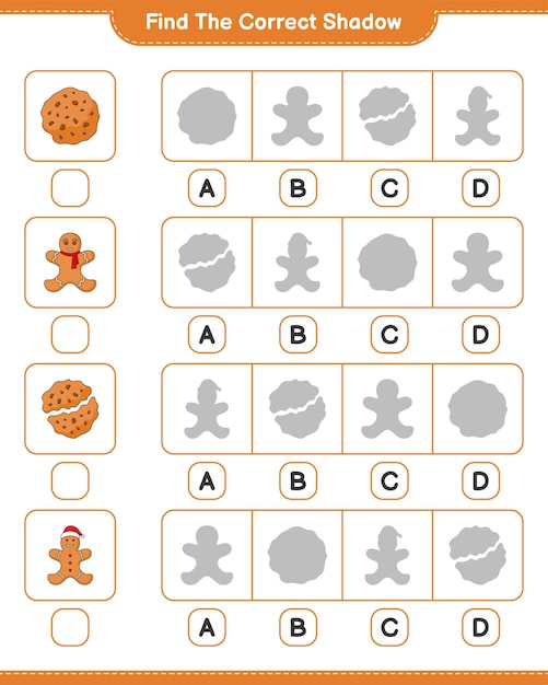 Найдите правильную тень. найдите и сопоставьте правильную тень cookies и gingerbread man. развивающая детская игра, лист для печати, векторные иллюстрации