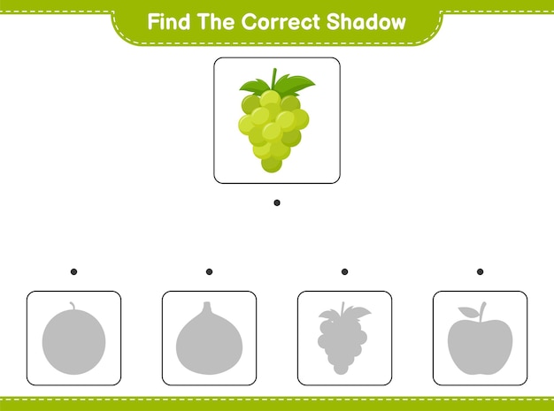 正しい影を見つけてください。ブドウの正しい影を見つけて一致させます。教育的な子供向けゲーム、印刷可能なワークシート