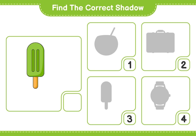 正しい影を見つけてください。アイスクリームの正しい影を見つけて一致させます。教育的な子供たちのゲーム、印刷可能なワークシート、ベクトル図