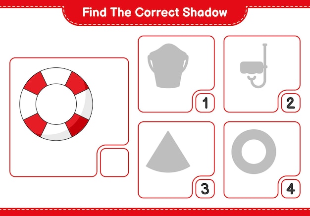 Найдите правильную тень. найдите и сопоставьте правильную тень спасательного круга. образовательная детская игра, лист для печати, векторная иллюстрация