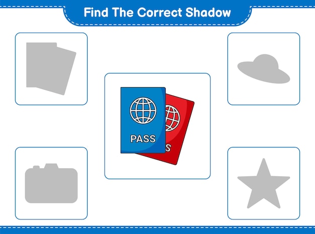 Найдите правильную тень. найдите и сопоставьте правильную тень паспорта. образовательная детская игра, лист для печати, векторная иллюстрация