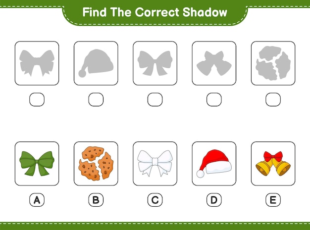 正しい影を見つけてください。リボン、サンタハット、クリスマスベル、クッキーの正しい影を見つけて一致させます。教育的な子供たちのゲーム、印刷可能なワークシート、ベクトル図