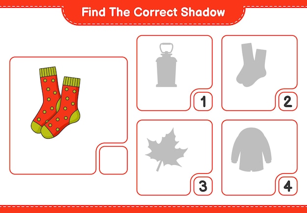 Найдите правильную тень. найдите и сопоставьте правильную тень носков. развивающая детская игра, лист для печати, векторные иллюстрации