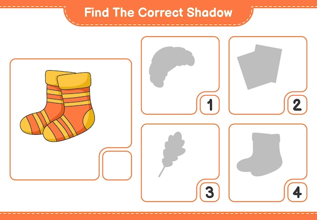 正しい影を見つけてください。靴下の正しい影を見つけて一致させます。教育的な子供たちのゲーム、印刷可能なワークシート、ベクトルイラスト