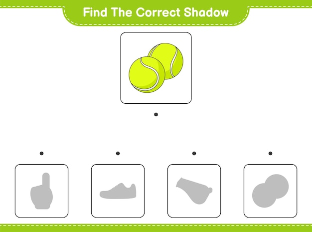 올바른 그림자를 찾으십시오. 테니스 공의 정확한 그림자를 찾아 일치시킵니다. 교육용 어린이 게임, 인쇄 가능한 워크시트