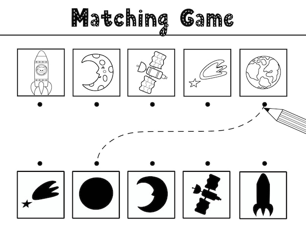 Найдите правильную игру по сопоставлению теней с симпатичными космическими персонажами и элементами черно-белое