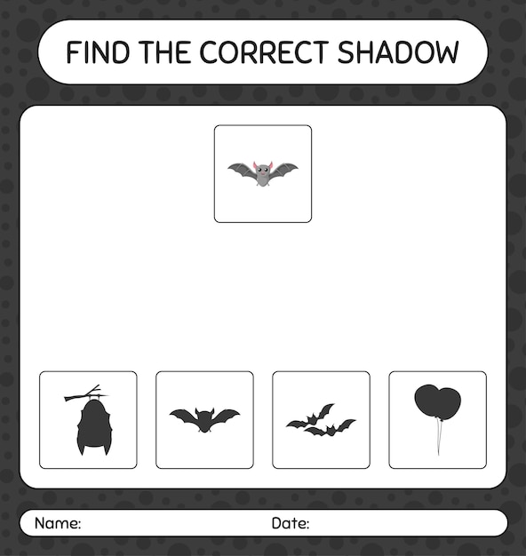 박쥐로 올바른 그림자 게임을 찾으십시오. 미취학 아동을 위한 워크시트, 어린이 활동 시트