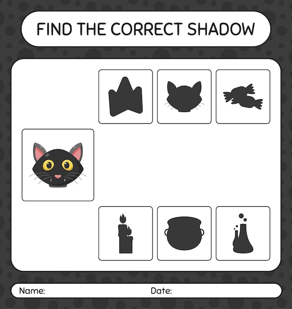 Найди правильную игру теней с черным котом. рабочий лист для дошкольников, детский лист активности