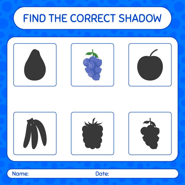 Найди правильную игру теней с черникой. рабочий лист для дошкольников, детский лист активности