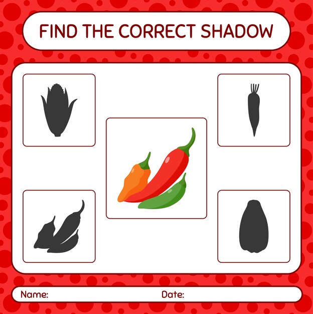 Найдите правильную игру теней с рабочим листом перца чили для детей дошкольного возраста.