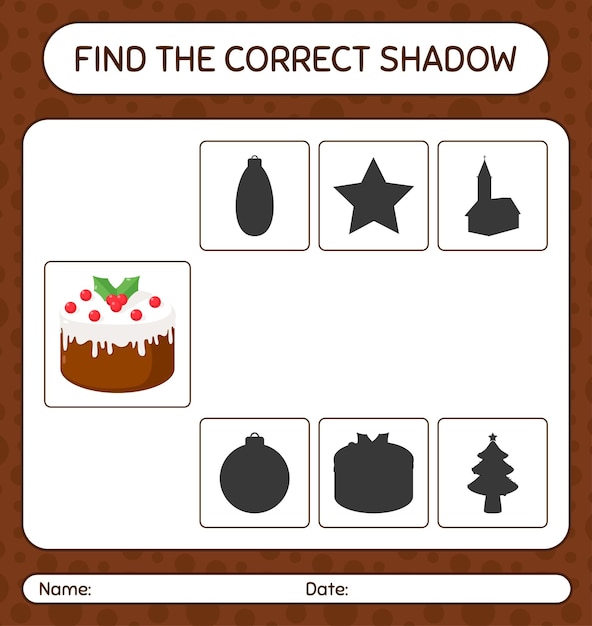 クリスマスケーキで正しい影のゲームを見つけてください。就学前の子供のためのワークシート、子供向けアクティビティシート