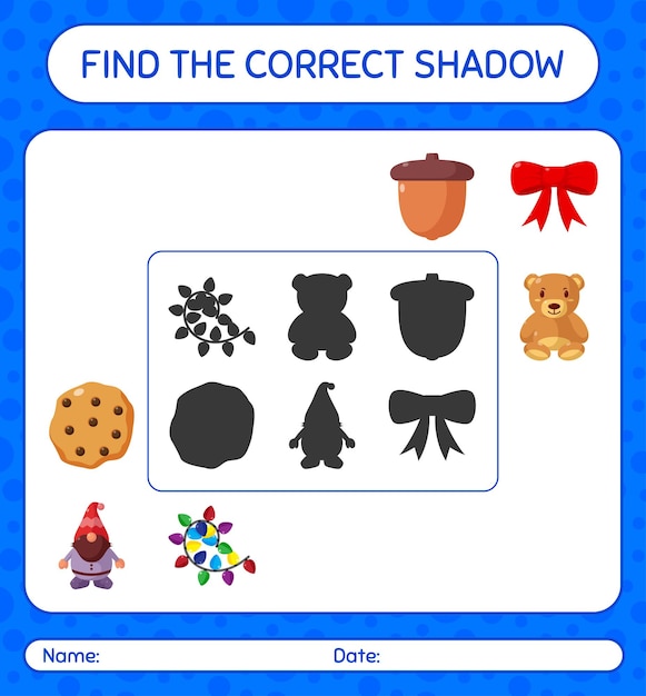 クリスマスアイコンで正しい影のゲームを見つけてください。就学前の子供のためのワークシート、子供の活動シート