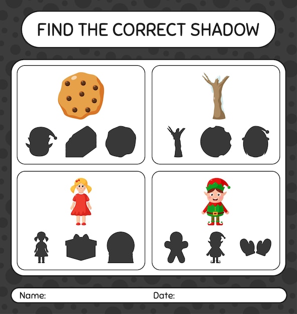 クリスマスアイコンで正しい影のゲームを見つけます。就学前の子供のためのワークシート、子供向けアクティビティシート
