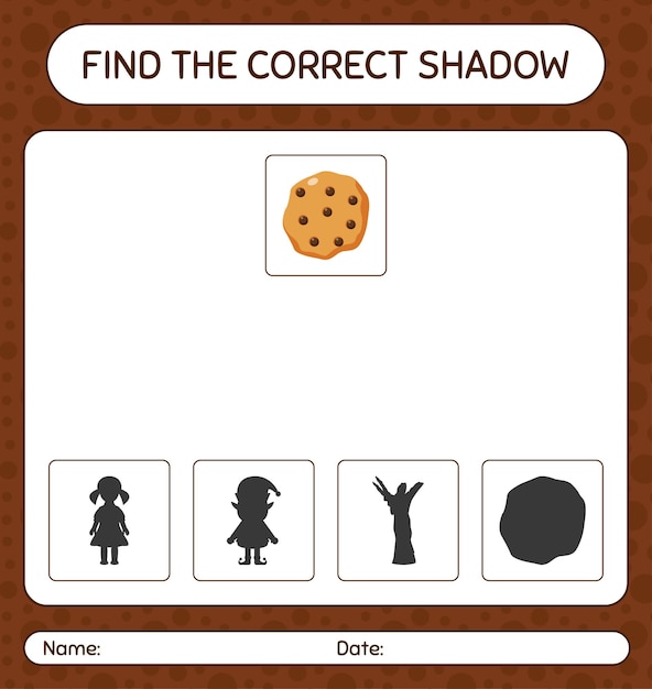 クッキーで正しい影のゲームを見つけてください。就学前の子供のためのワークシート、子供の活動シート
