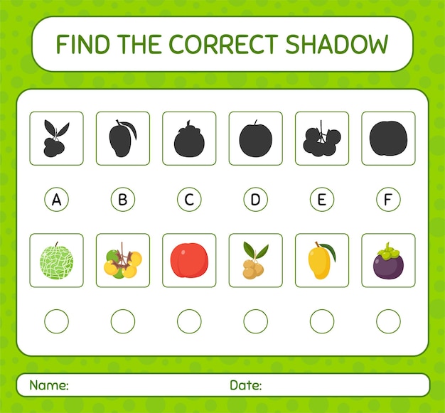 果物を使った正しい影のゲームを見つけましょう。就学前の子供のためのワークシート、子供の活動シート