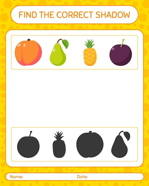 Найди правильную игру теней с фруктами. рабочий лист для дошкольников, детский лист активности
