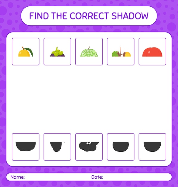 Найди правильную игру теней с фруктами. рабочий лист для дошкольников, детский лист активности