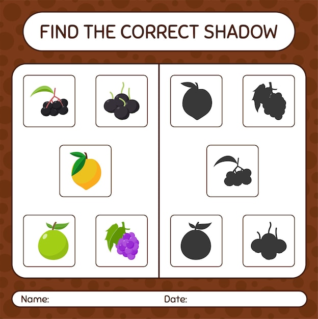 果物を使った正しい影のゲームを見つけましょう。就学前の子供のためのワークシート、子供向けアクティビティシート