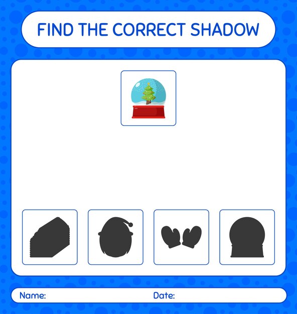 ガラスの雪玉で正しい影のゲームを見つけましょう。就学前の子供のためのワークシート、子供の活動シート
