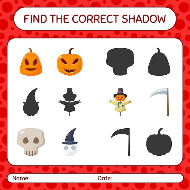 Найдите правильную игру теней со значком хэллоуина. рабочий лист для дошкольников, детский лист активности