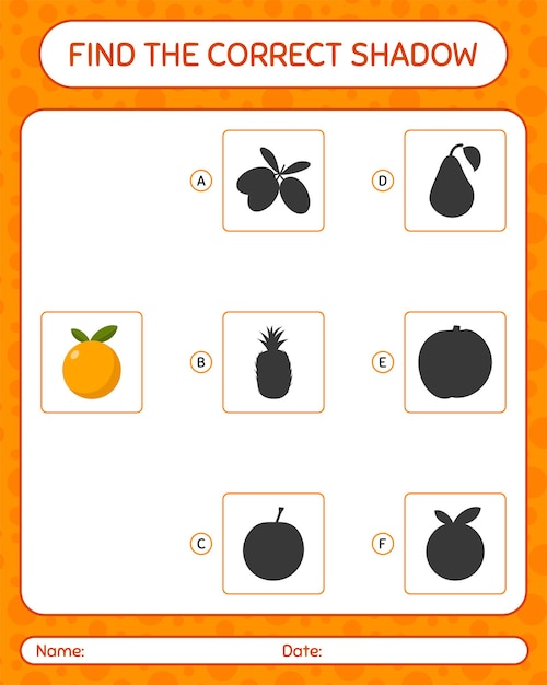 オレンジ色の正しい影のゲームを見つけます。就学前の子供のためのワークシート、子供向けアクティビティシート