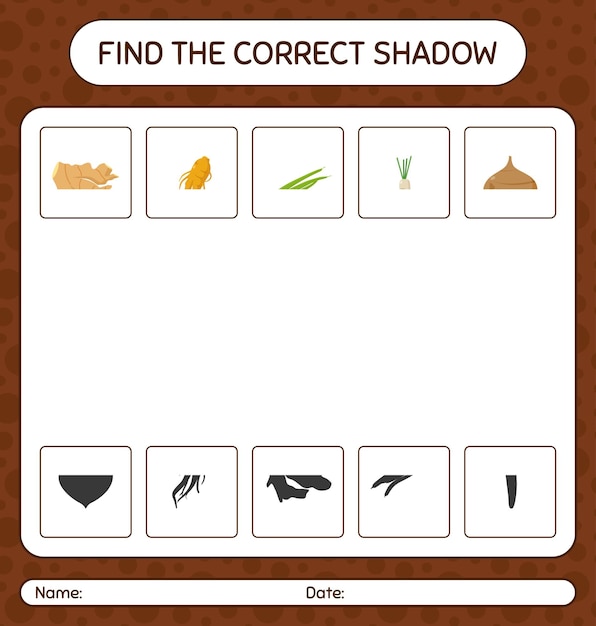 野菜を使った正しい影のゲームを見つけましょう。就学前の子供のためのワークシート、子供向けアクティビティシート