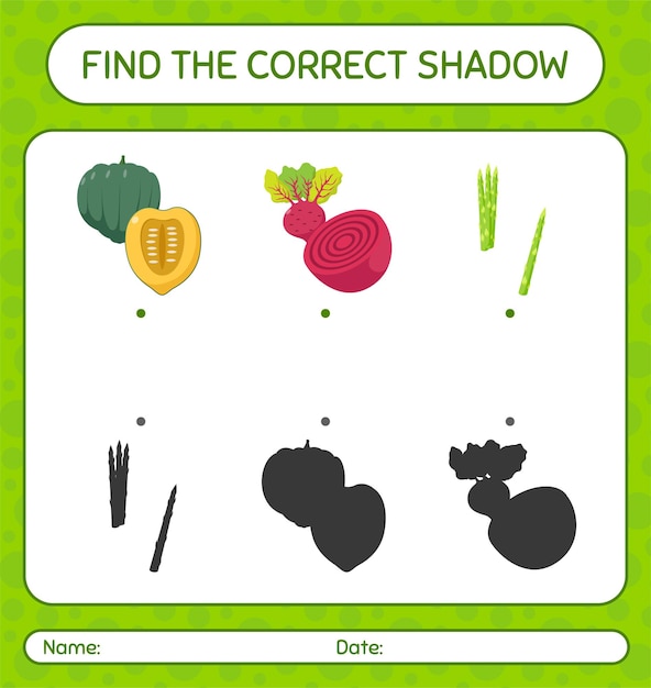 野菜を使った正しい影のゲームを見つけましょう。就学前の子供のためのワークシート、子供向けアクティビティシート